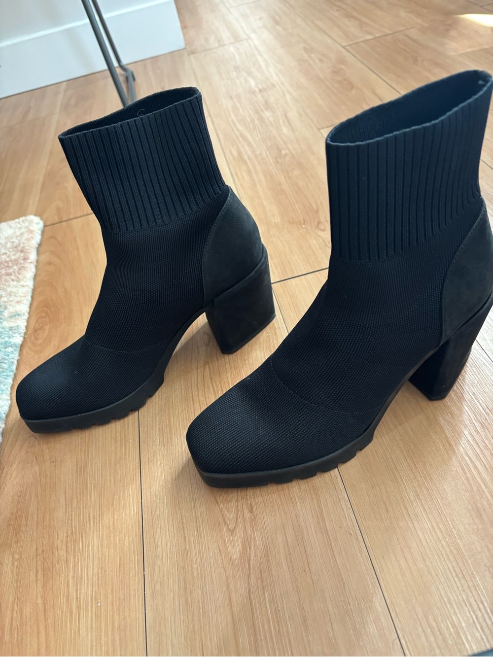 Black Suede & Knit Sock Heel Ankle Boots - Women